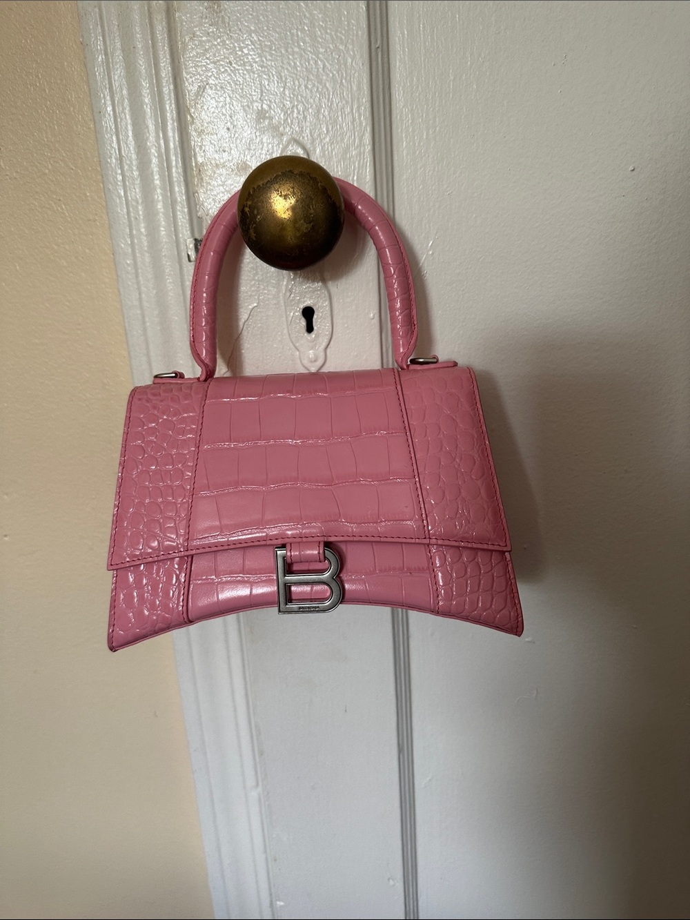 Croc-Embossed Mini Top-Handle Bag in Pink with Silver 'B' Accent